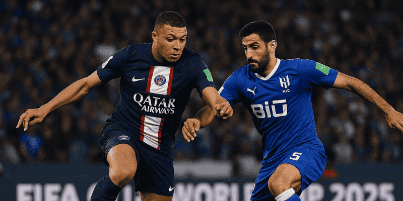 Kylian Mbappe tranh bóng với hậu vệ Al Hilal trong trận đấu tại FIFA Club World Cup 2025
