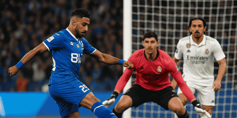 Salem Al Dawsari của Al Hilal chuẩn bị thực hiện cú sút nguy hiểm vào khung thành Real Madrid.